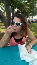 Kallie's first JJ's Snowcone. It's Shnozzberry of course.